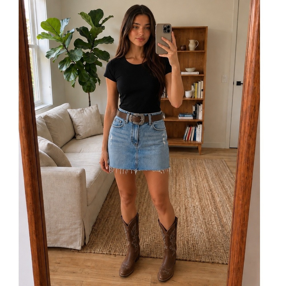 Old Navy Womens Denim Mini Skirt Size 10 Light Wash Mid Rise Raw Hem Western
